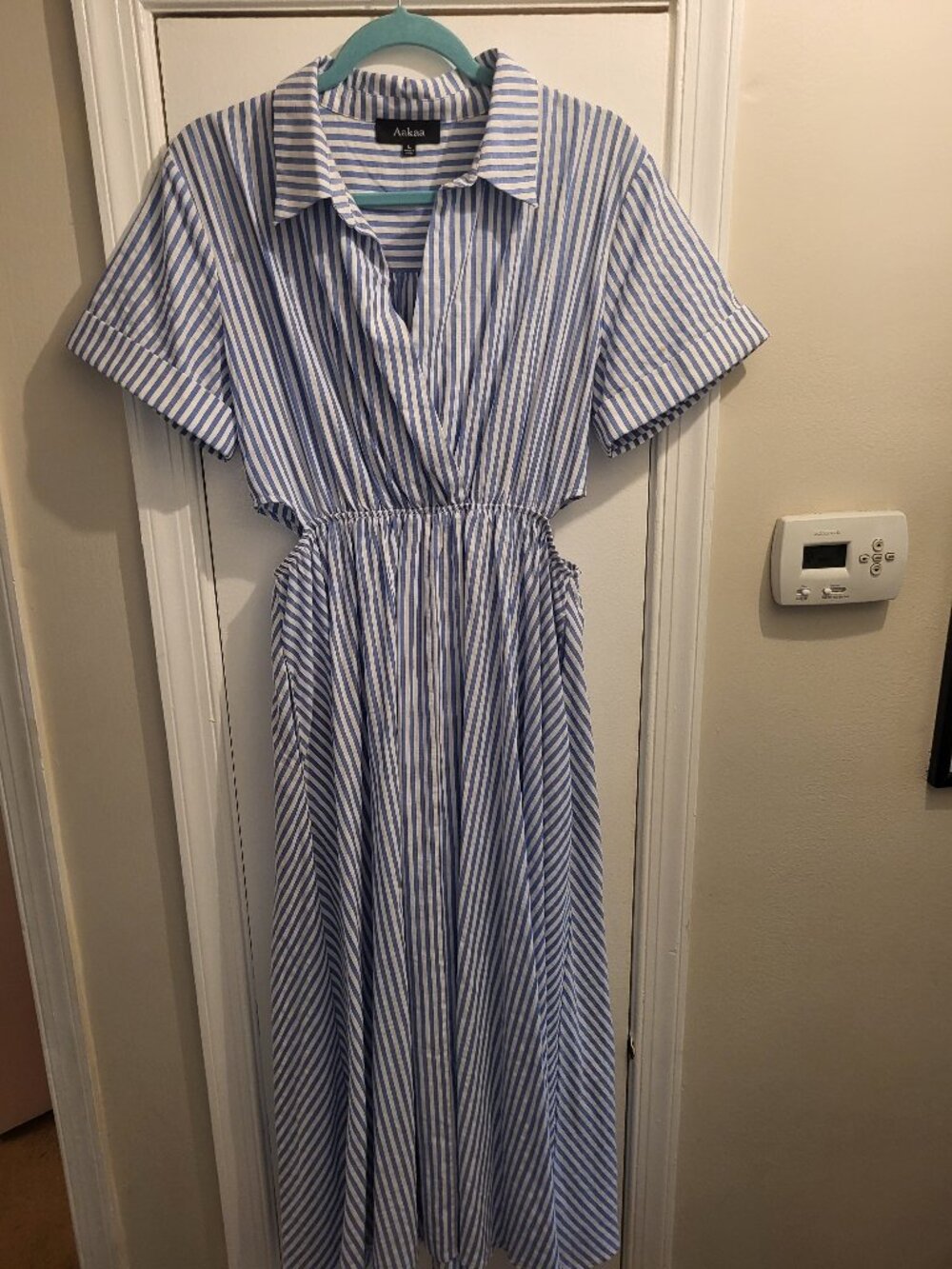 Aakaa blue striped cotton poly blend dress. Size L.